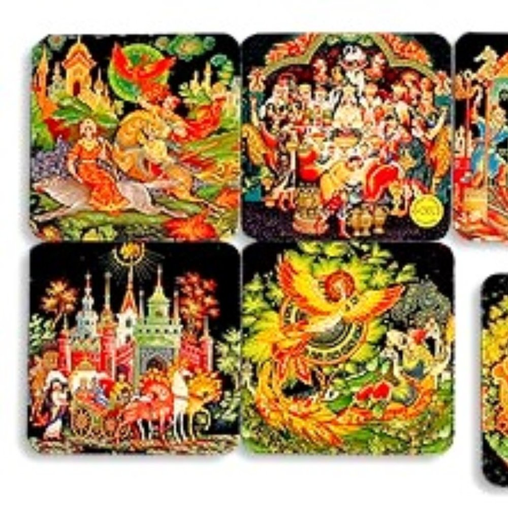 NWT Cardboard Coaster 6-Pcs Set Russian Fairy Tales in Palekh Design Imported